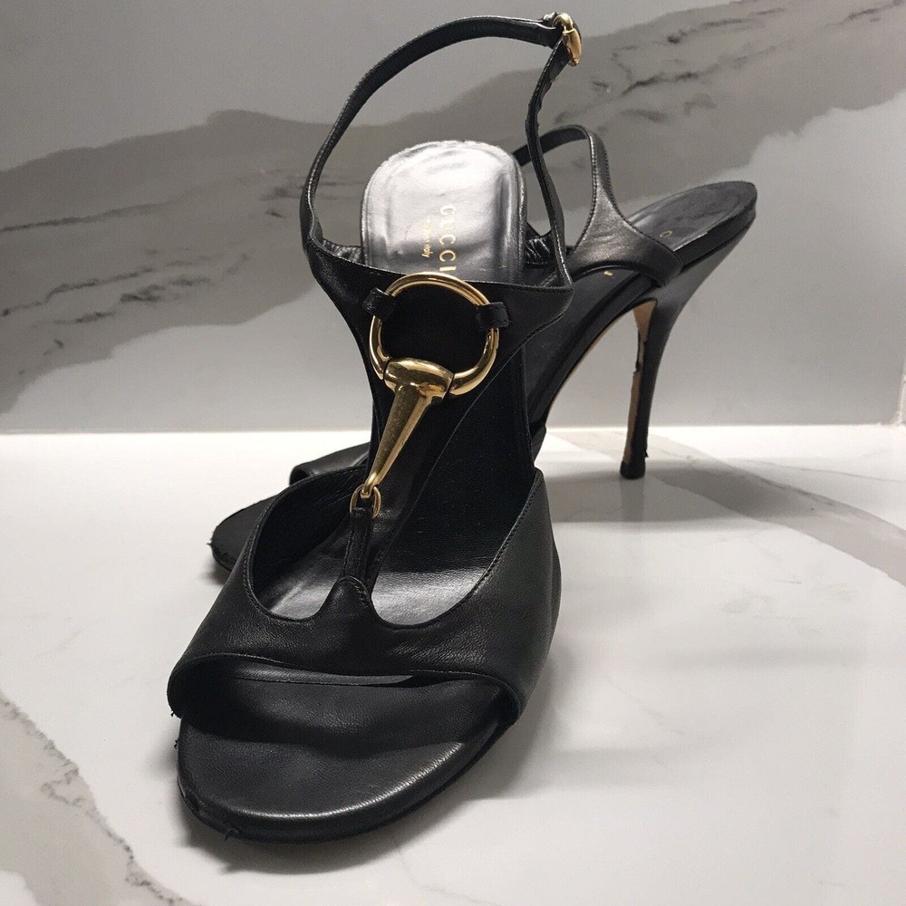 Gucci Horse-bit Black Leather Ankle Tie T Strap High Heel Sandals Size 39 (US 9)